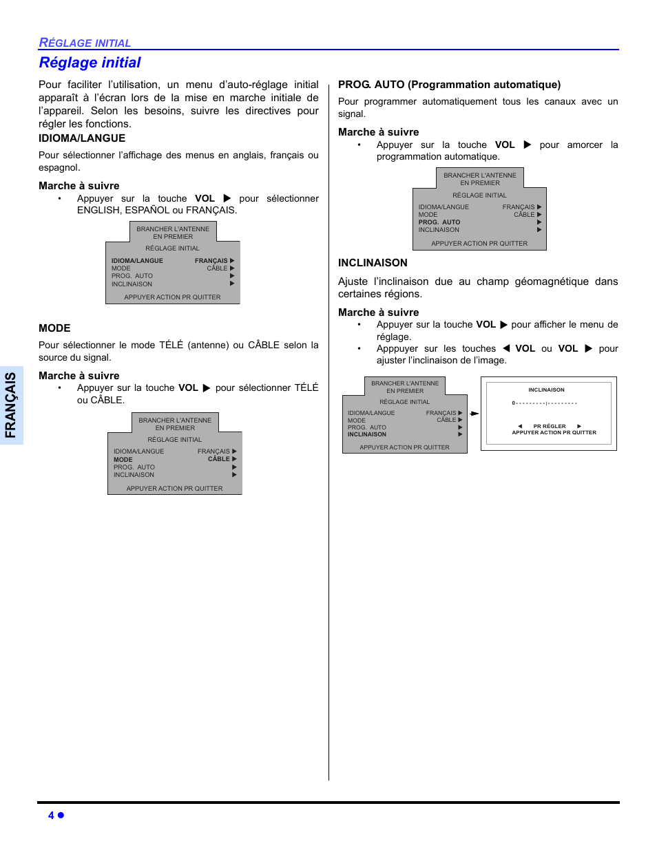 Reglage initial, Réglage initial, Françai s | Panasonic CT 27SL33 User Manual | Page 54 / 81