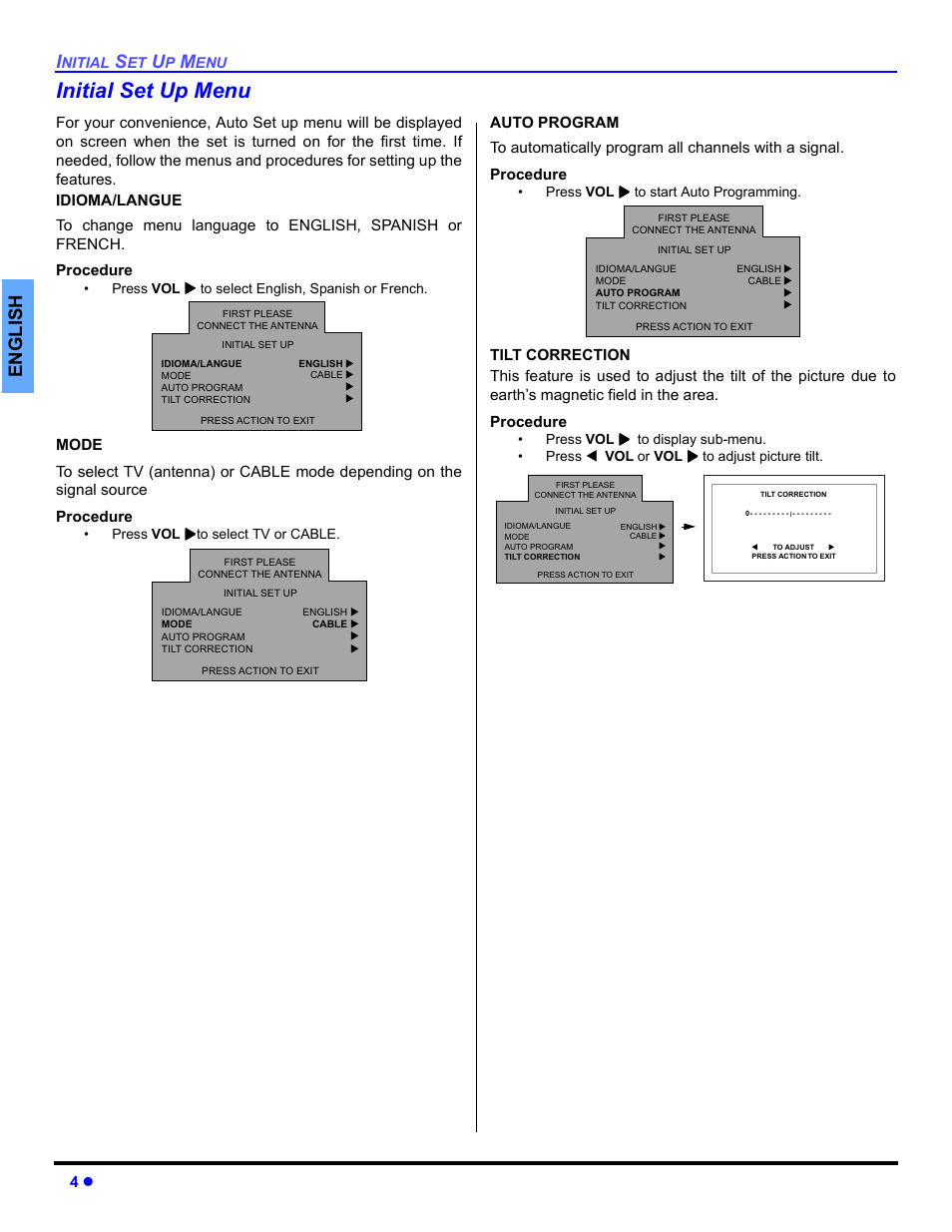 Initial set up menu, En gli s h | Panasonic CT 27SL33 User Manual | Page 6 / 81