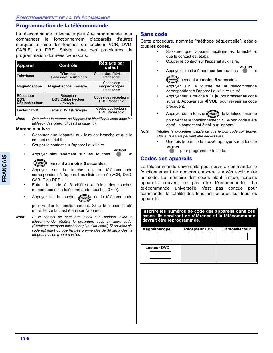 Programmation de la telecommande, Sans code, Codes de appareils | Françai s, Programmation de la télécommande, Codes des appareils | Panasonic CT 27SL33 User Manual | Page 60 / 81