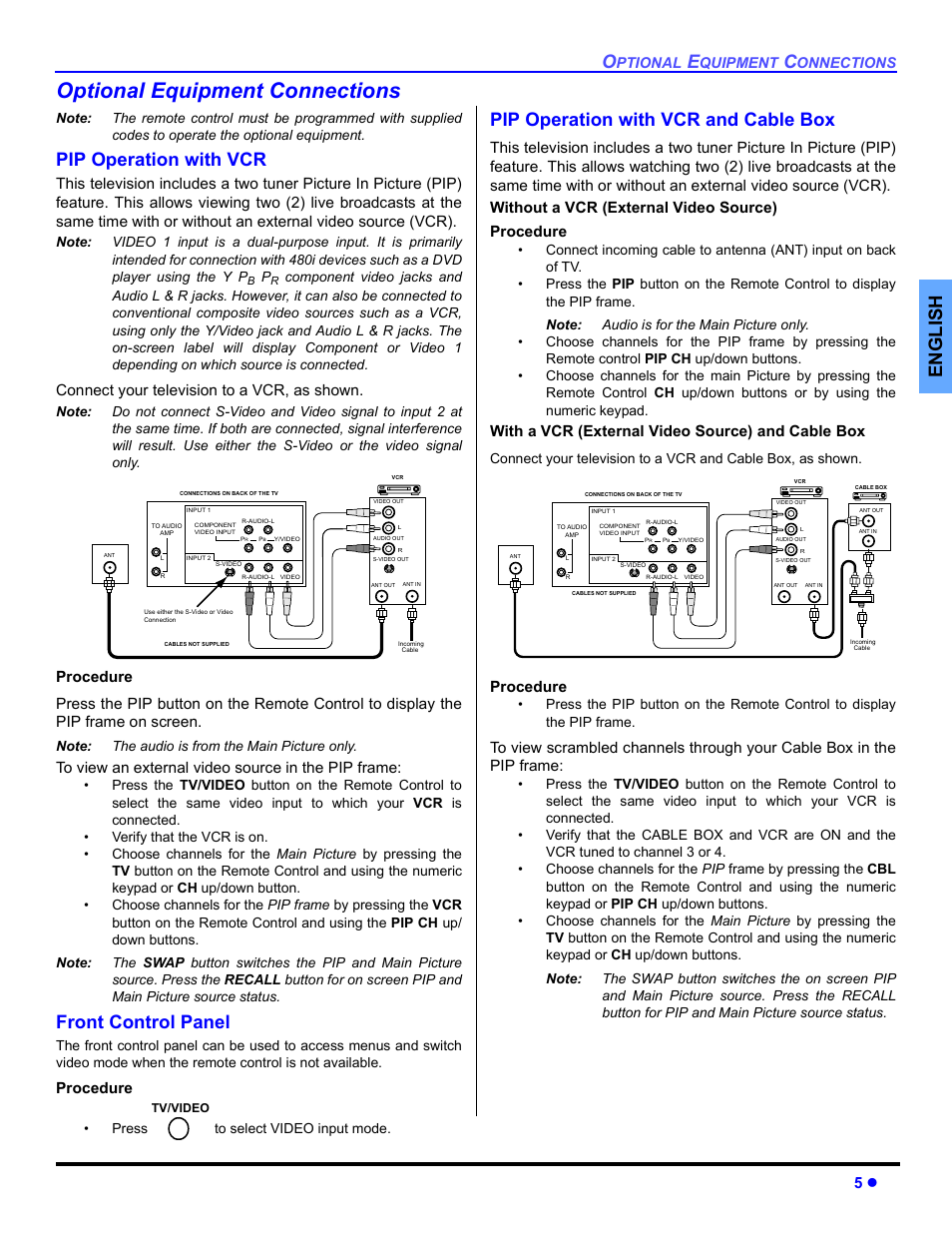Optional equipment connections, Pip operation with vcr, Front panel control | Pip operation with vcr and cable box, En gli s h, Front control panel, Connect your television to a vcr, as shown, Procedure, With a vcr (external video source) and cable box | Panasonic CT 27SL33 User Manual | Page 7 / 81