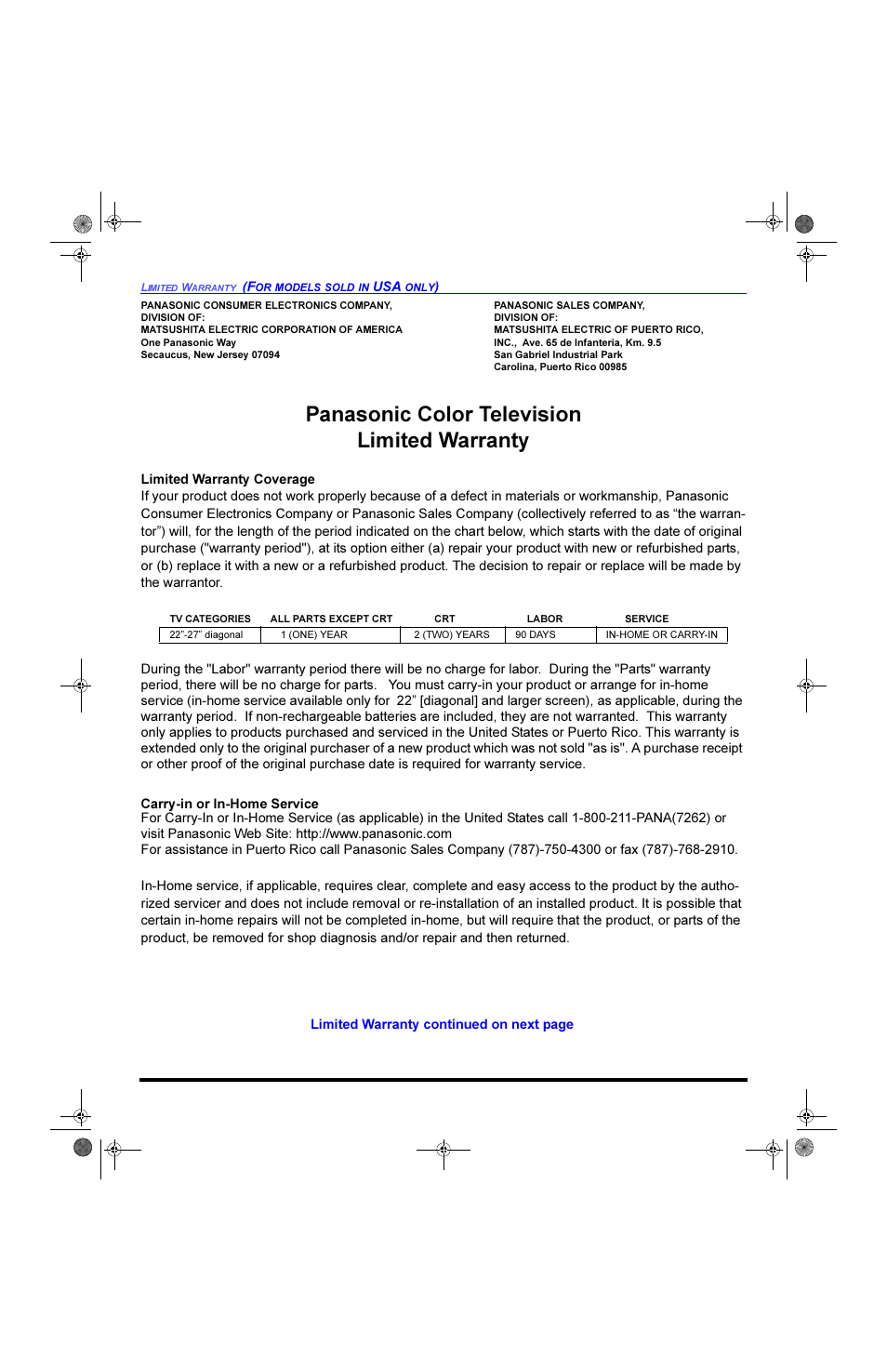 3dqdvrqlf &roru 7hohylvlrq /lplwhg :duudqw | Panasonic CT 27SL33 User Manual | Page 72 / 81