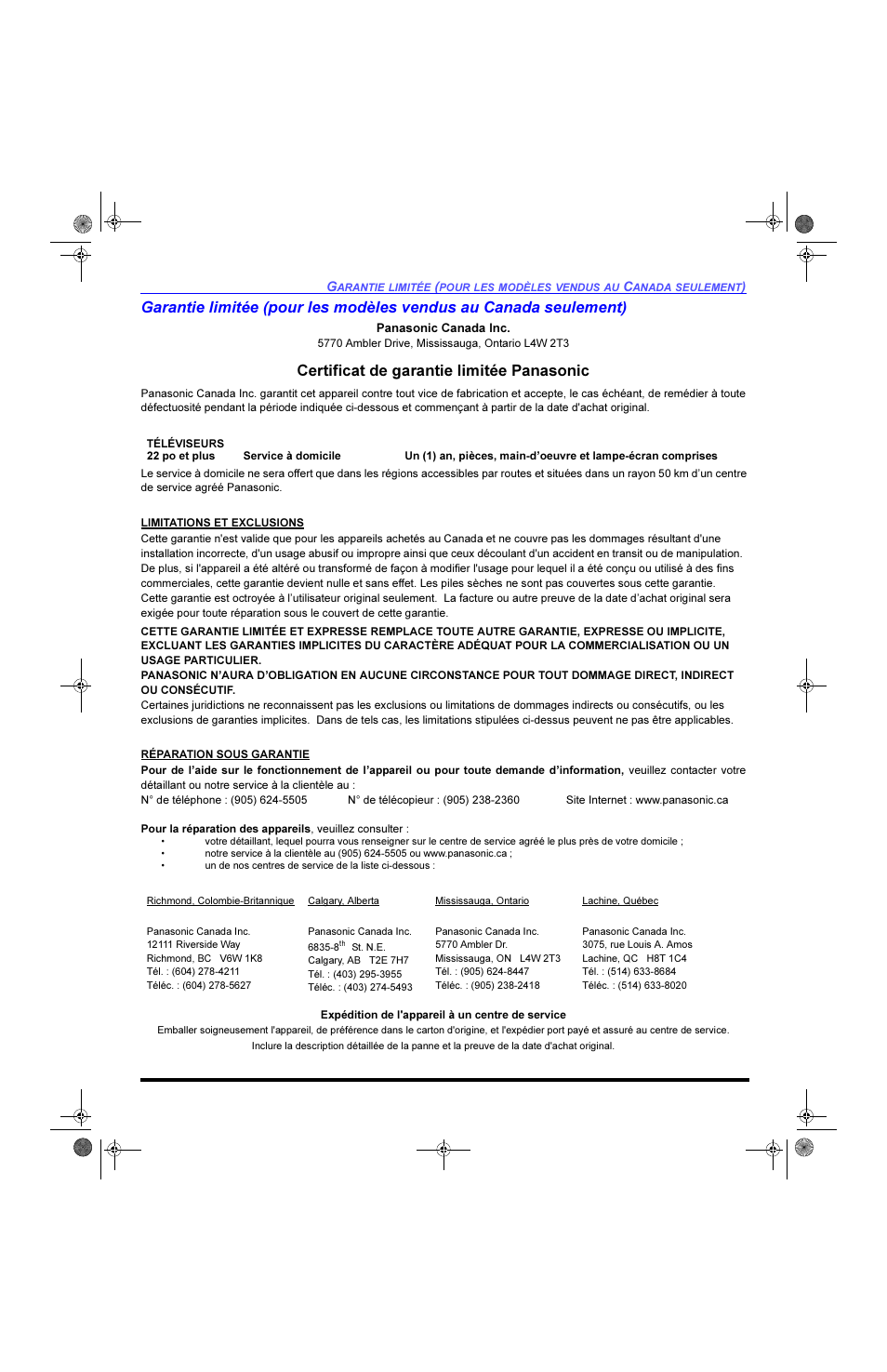 Huwlilfdw gh jdudqwlh olplwph 3dqdvrqlf | Panasonic CT 27SL33 User Manual | Page 77 / 81