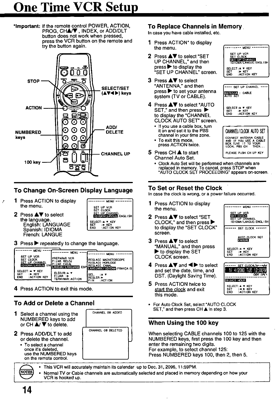 On^timej^c^^et, To add or delete a channel, To replace channels in memory | To set or reset the clock, When using the 100 key, On^timej^c^^et^ ^important, Cha/t, Channel/aock auto set | Panasonic OMNIVISION PV-8200 User Manual | Page 14 / 32