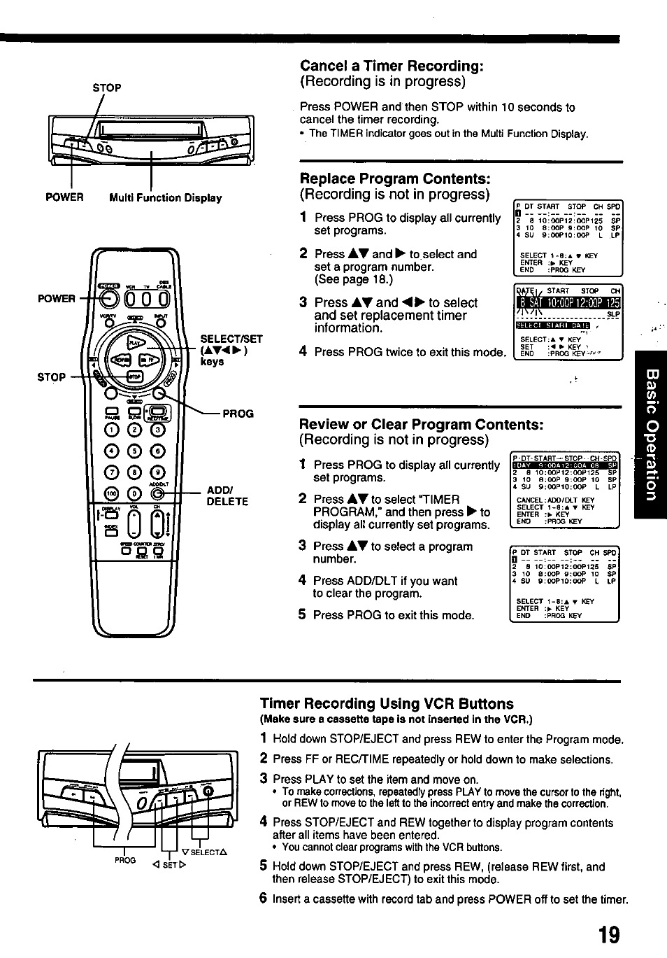 Cancel a timer recording, Replace program contents, Review or clear program contents | Timer recording using vcr buttons | Panasonic OMNIVISION PV-8200 User Manual | Page 19 / 32