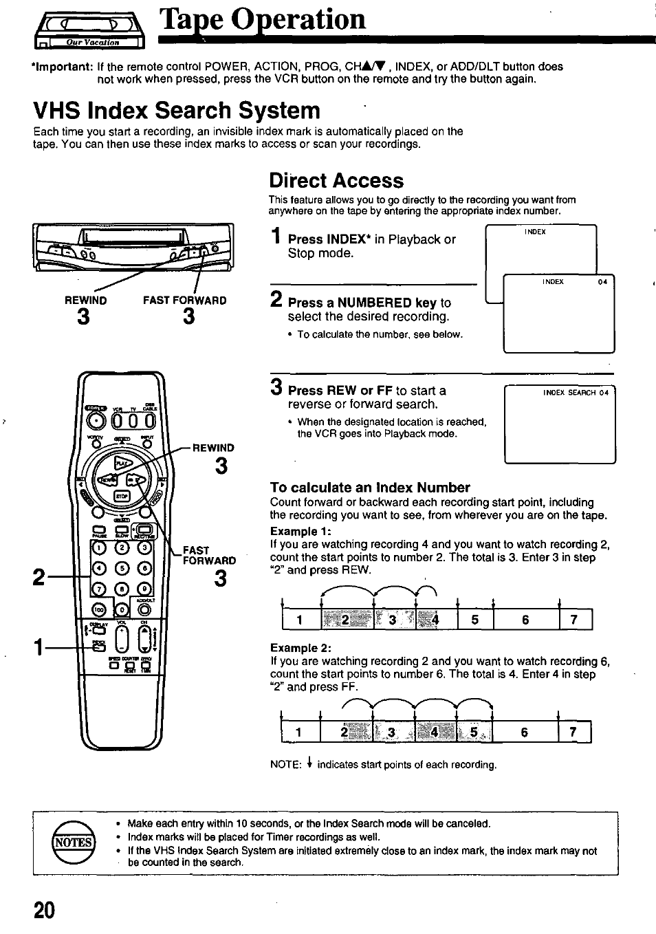 B iv tape operation, Vms index search system, Direct access | To calculate an index number | Panasonic OMNIVISION PV-8200 User Manual | Page 20 / 32