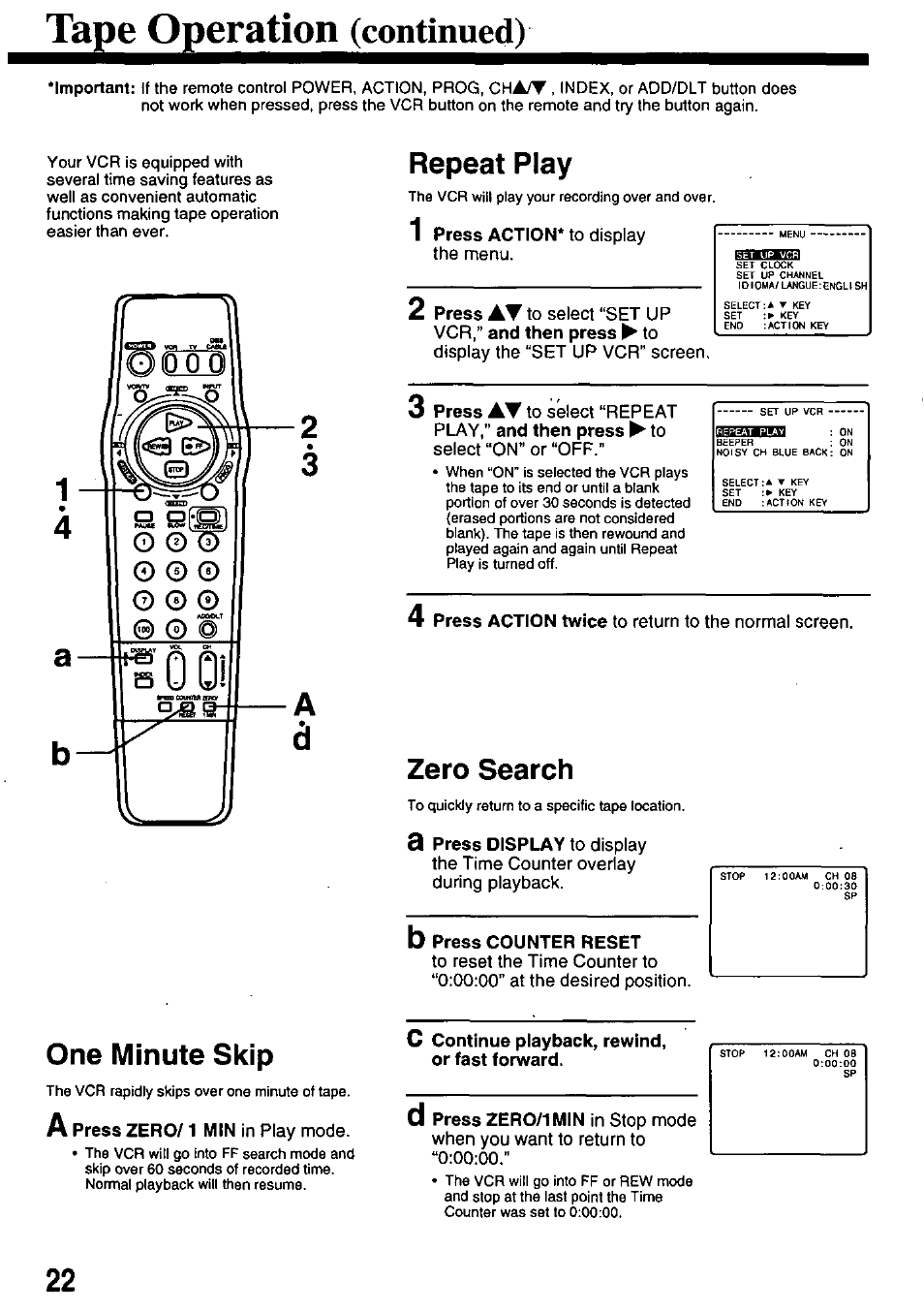 Tape operation (continued), Repeat play, Zero search | B press counter reset, One minute skip, C continue playback, rewind, or fast forward, Tape operation, Continued) | Panasonic OMNIVISION PV-8200 User Manual | Page 22 / 32