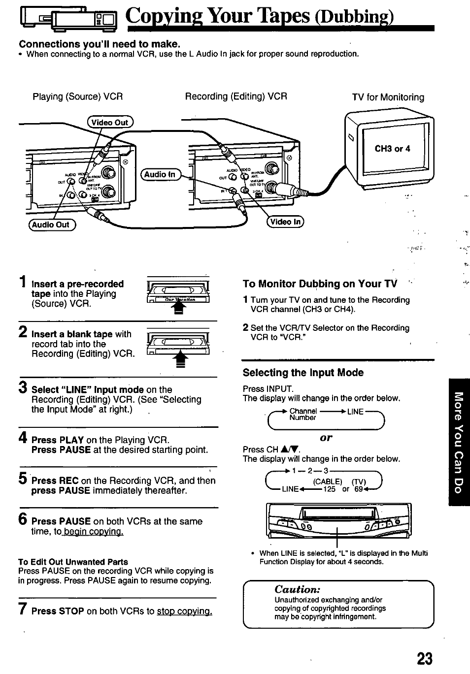 Connections you’ll need to make, 3 select “line” input mode on the, To edit out unwanted parts | To monitor dubbing on your tv, Selecting the input mode, N cog^in^^ourl^lge^dub | Panasonic OMNIVISION PV-8200 User Manual | Page 23 / 32