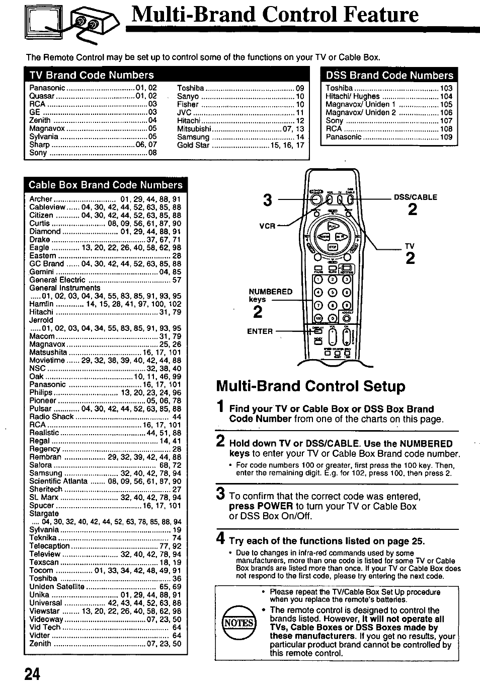 Multi-brand control feature, Cable box brand code numbers, Multi-brand control setup | Panasonic OMNIVISION PV-8200 User Manual | Page 24 / 32