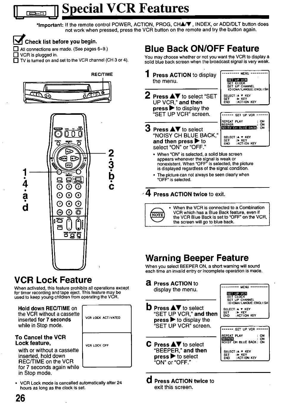 Д| special vcr features, Check list before you begin, Vcr lock feature | To cancel the vcr lock feature, Blue back on/off feature, Press action twice to exit, Warning beeper feature, Э press action to, Cvcr lock feature, Cha/v | Panasonic OMNIVISION PV-8200 User Manual | Page 26 / 32