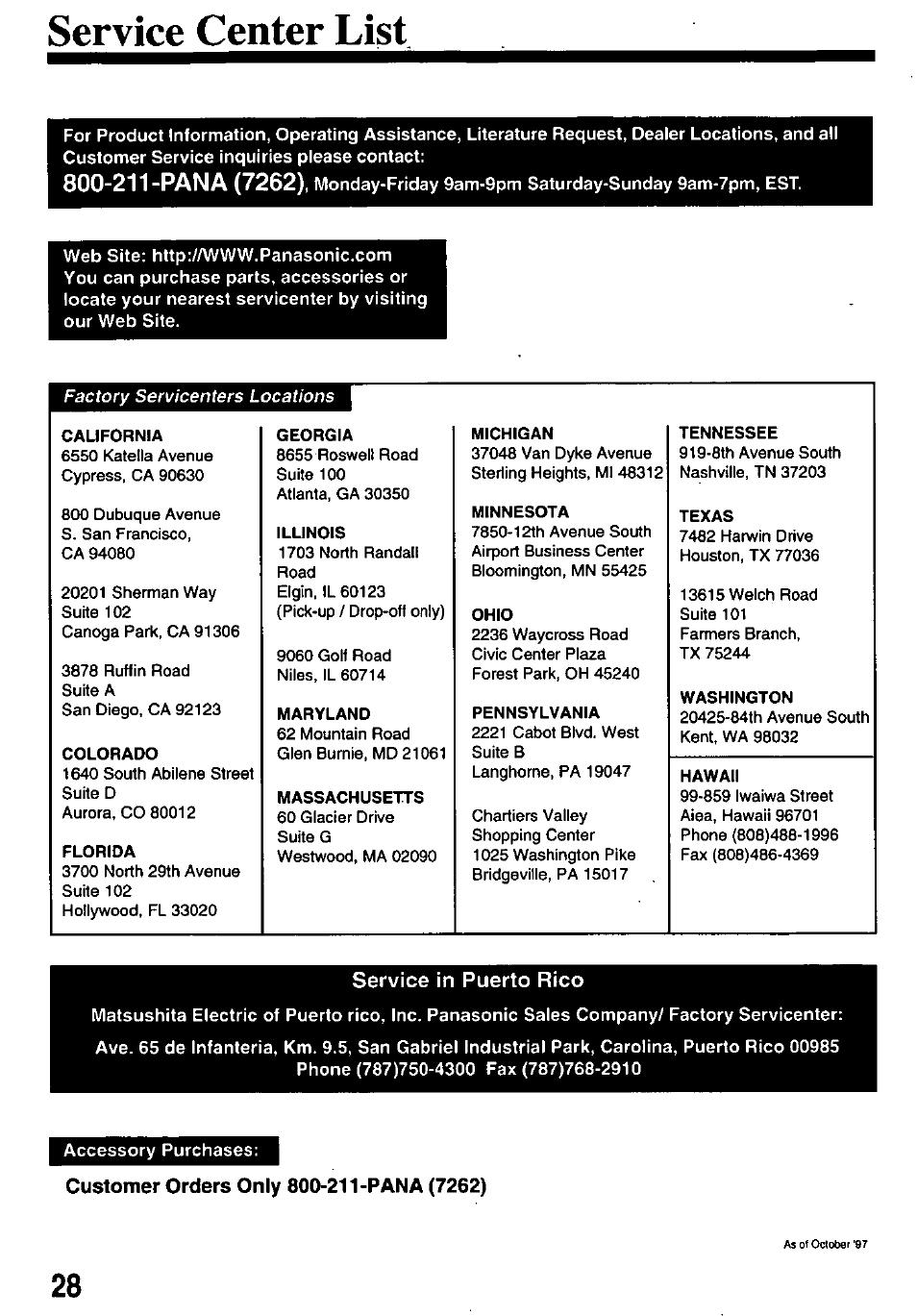 Service center list, Service in puerto rico, Customer orders only 800-211-pana (7262) | Panasonic OMNIVISION PV-8200 User Manual | Page 28 / 32