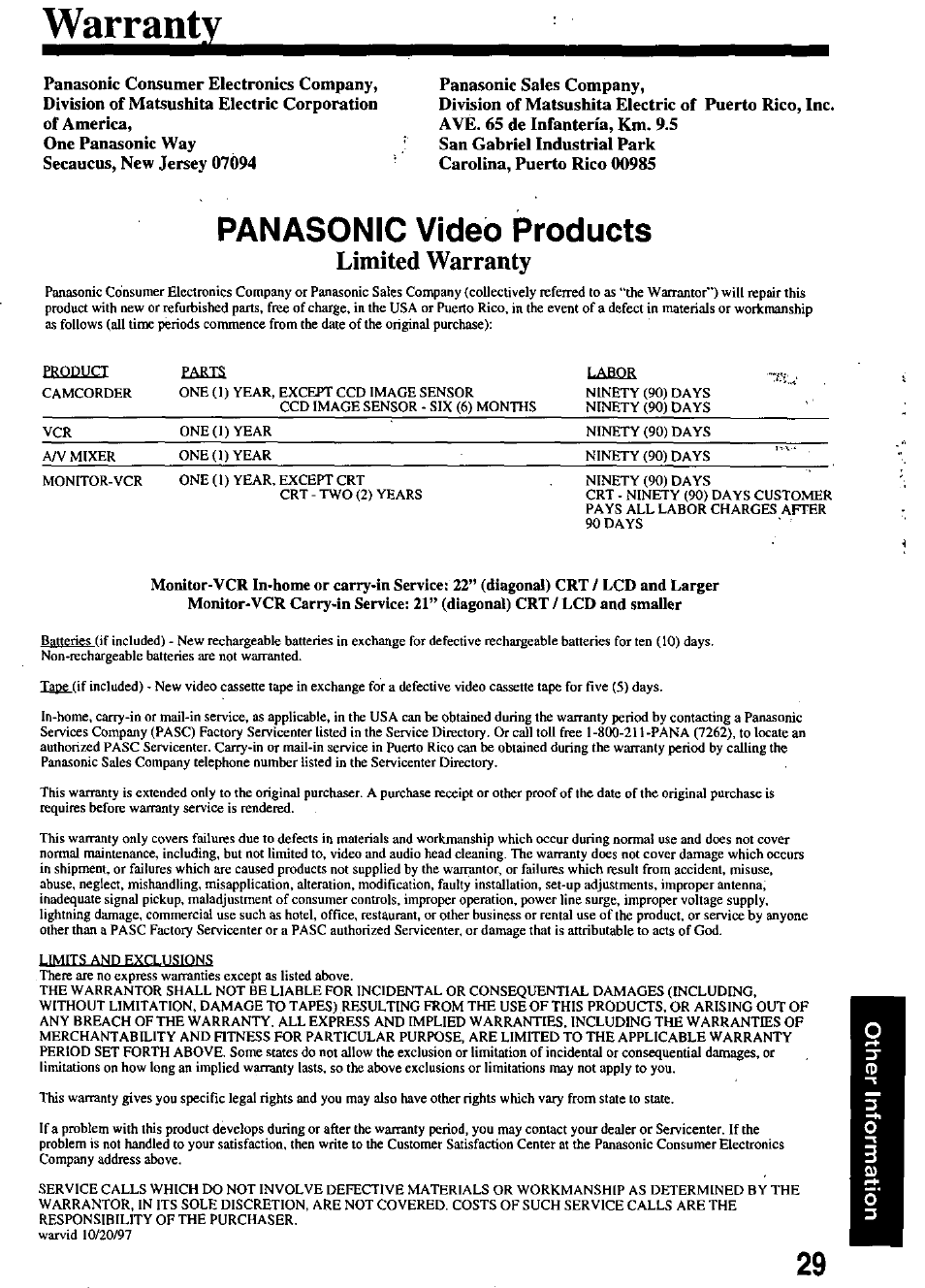 Warranty, Panasonic video products, Limited warranty | Panasonic OMNIVISION PV-8200 User Manual | Page 29 / 32