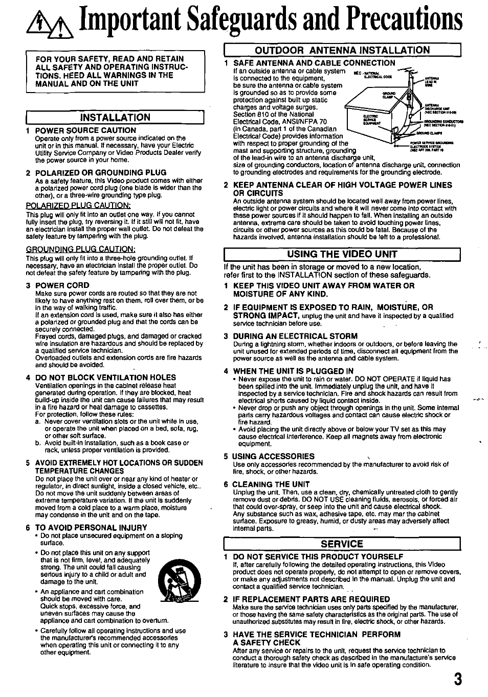 Installation, Outdoor antenna installation, Using the video unit | Service, Important safeguards and precautions | Panasonic OMNIVISION PV-8200 User Manual | Page 3 / 32