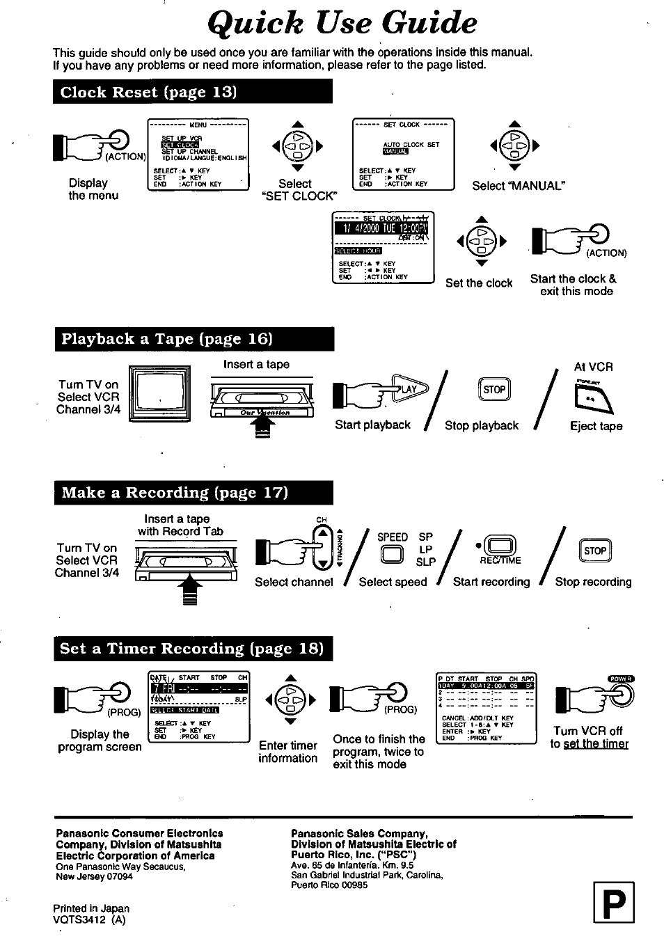 Quick use guide, Clock reset (page 13), Playback a tape (page 16) | Make a recording (page 17), Set a timer recording (page 18) | Panasonic OMNIVISION PV-8200 User Manual | Page 32 / 32