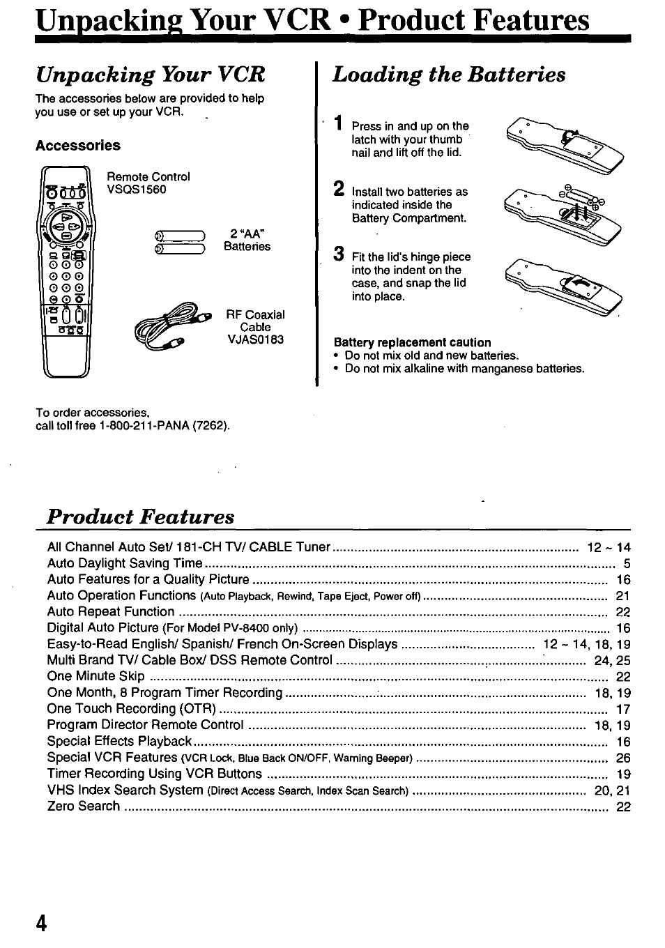 Unpackin^^dur^c^^roduc, Accessories, Unpacking your vcr | Loading the batteries, Product features | Panasonic OMNIVISION PV-8200 User Manual | Page 4 / 32