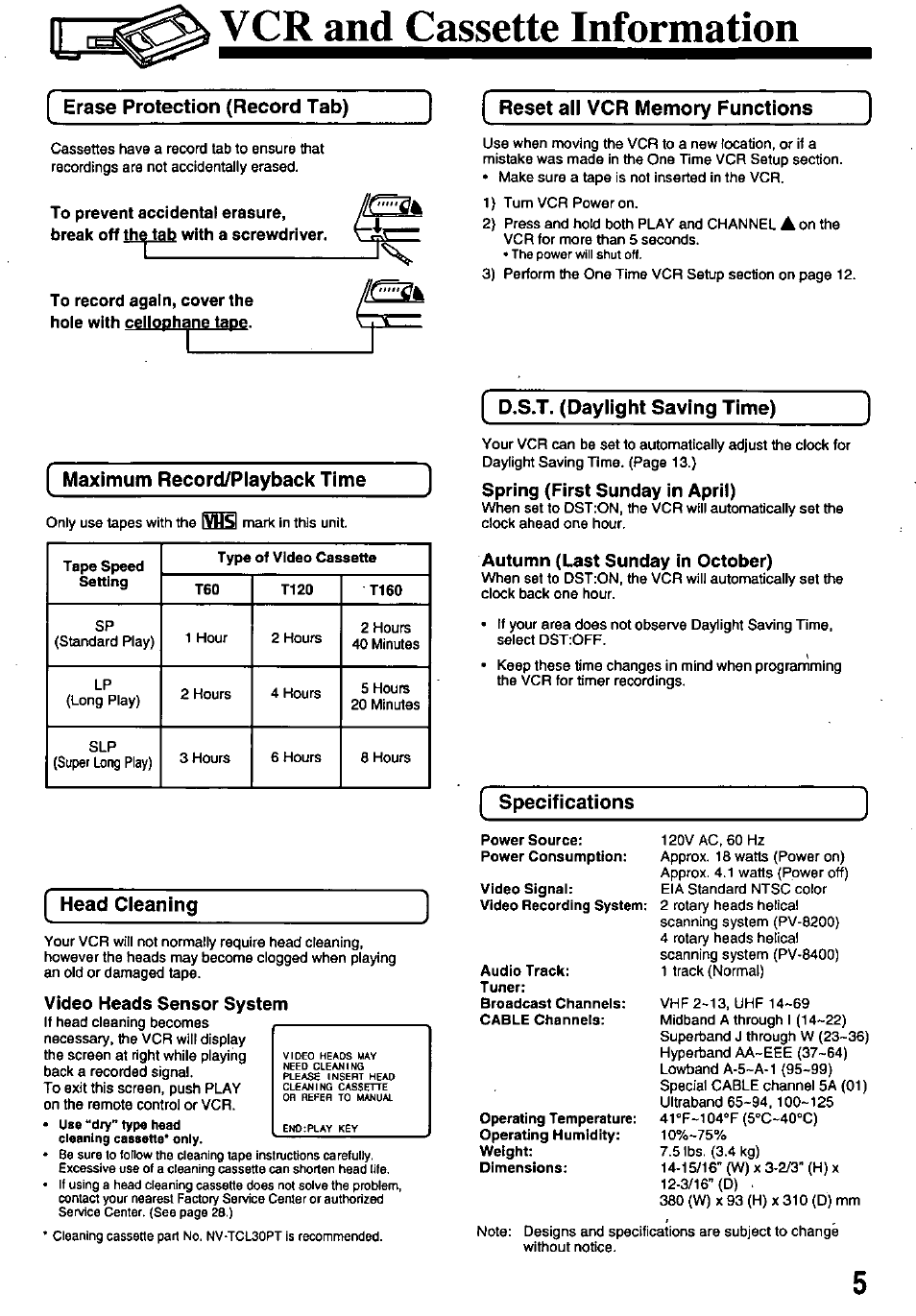 Vcr and cassette information, Erase protection (record tab), Reset all vcr memory functions | D.s.t. (daylight saving time), Head cleaning, Video heads sensor system, Spring (first sunday in april), Autumn (last sunday in october), Specifications, Auto daylight saving time | Panasonic OMNIVISION PV-8200 User Manual | Page 5 / 32