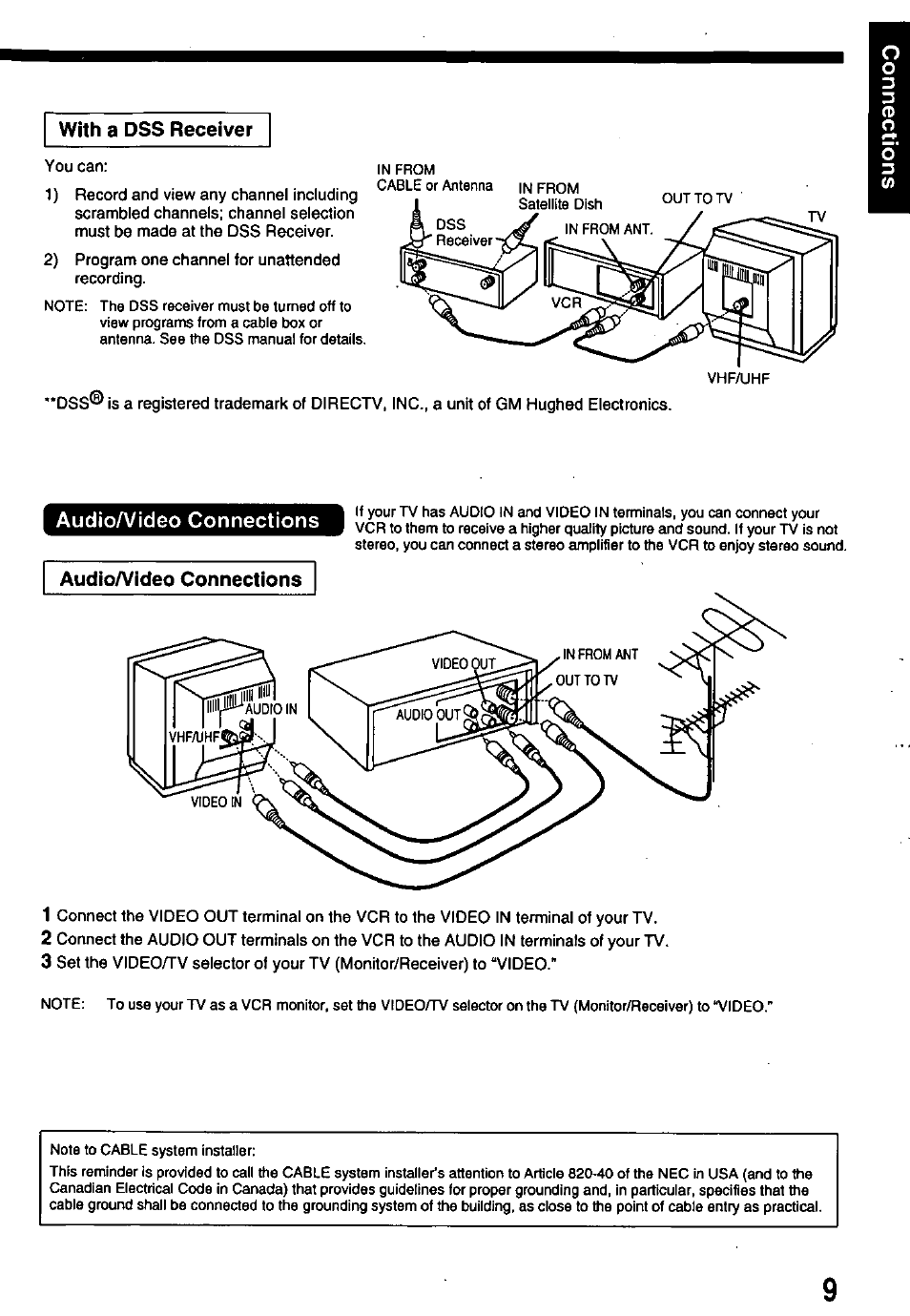 With a dss receiver, Audioa/ideo connections | Panasonic OMNIVISION PV-8200 User Manual | Page 9 / 32