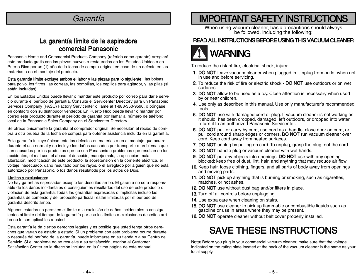 Important safety instructions, Wwa ar rn niin ng g, Garantía | Panasonic MC-V414 User Manual | Page 5 / 48