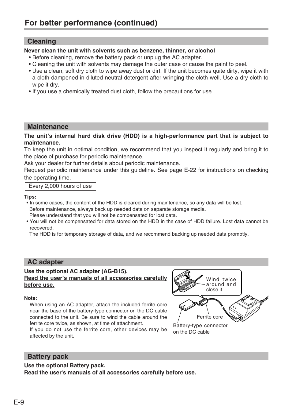 Cleaning, Maintenance, Ac adapter | Battery pack, For better performance (continued) | Panasonic DVCPRO AJ-PCS060G User Manual | Page 10 / 88