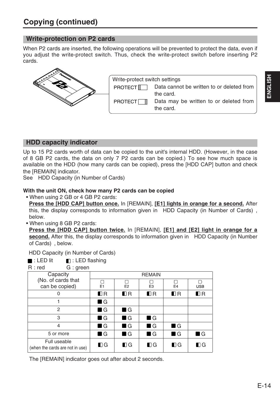 Write-protection on p2 cards, Hdd capacity indicator, Copying (continued) | Panasonic DVCPRO AJ-PCS060G User Manual | Page 15 / 88