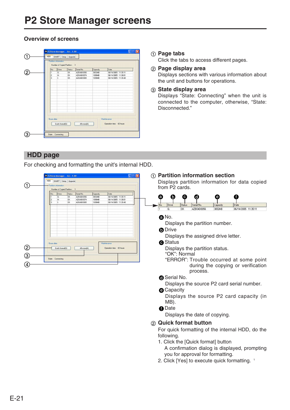 P2 store manager screens, E-21, Hdd page | Panasonic DVCPRO AJ-PCS060G User Manual | Page 22 / 88