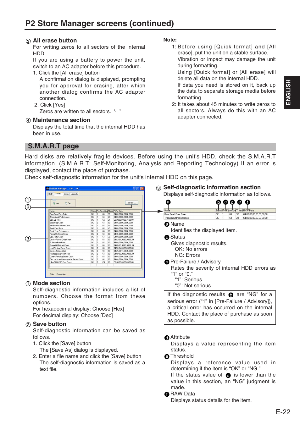 P2 store manager screens (continued), E-22, S.m.a.r.t page | Panasonic DVCPRO AJ-PCS060G User Manual | Page 23 / 88