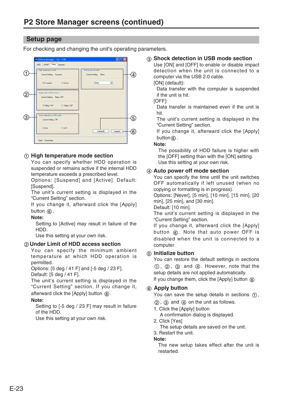 P2 store manager screens (continued), E-23, Setup page | Panasonic DVCPRO AJ-PCS060G User Manual | Page 24 / 88