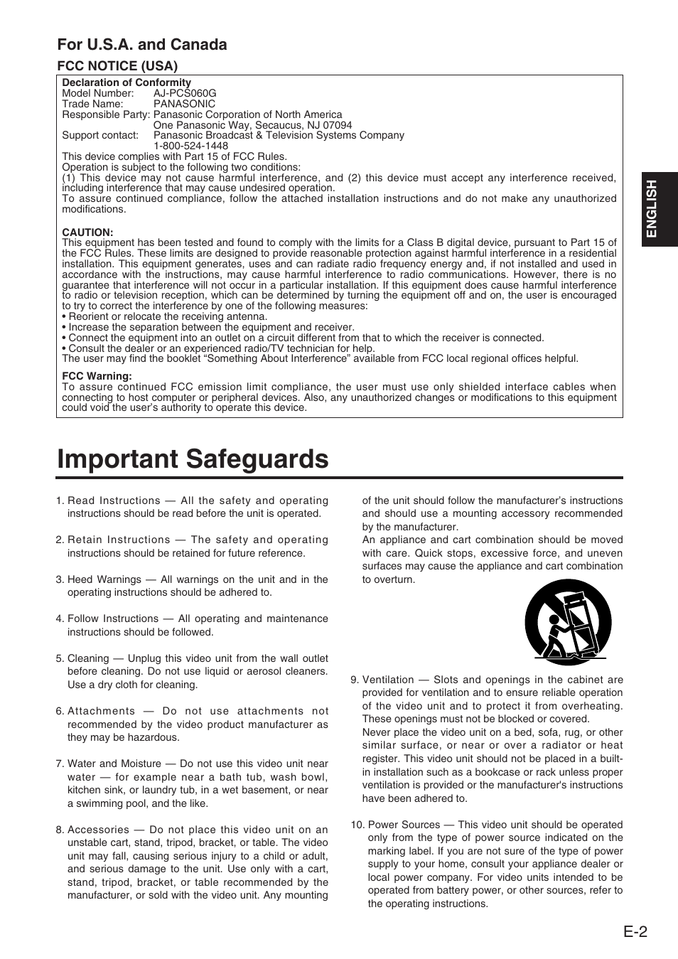 Important safeguards, For u.s.a. and canada | Panasonic DVCPRO AJ-PCS060G User Manual | Page 3 / 88
