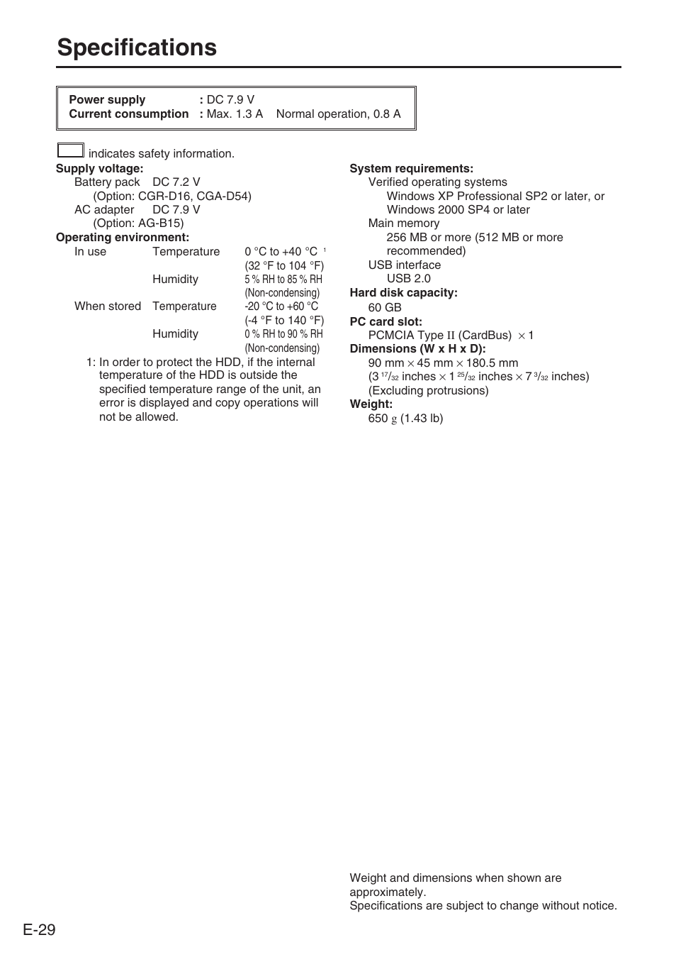 Specifications, E-29 | Panasonic DVCPRO AJ-PCS060G User Manual | Page 30 / 88