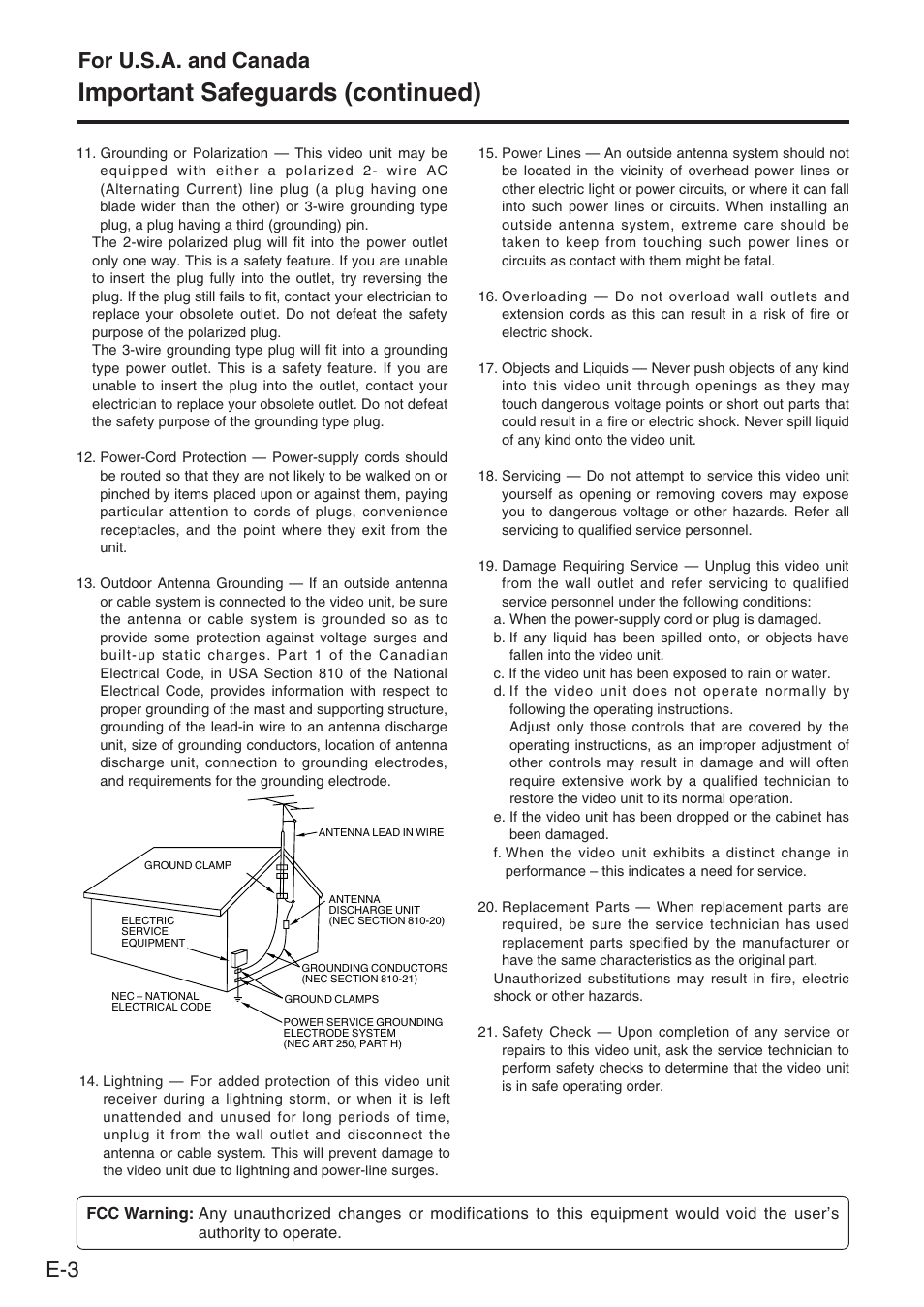 Important safeguards (continued), For u.s.a. and canada | Panasonic DVCPRO AJ-PCS060G User Manual | Page 4 / 88