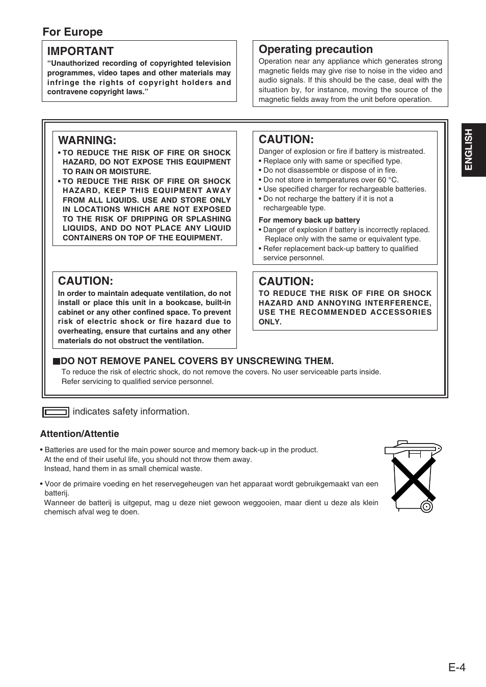 For europe operating precaution, Caution, Warning | Important | Panasonic DVCPRO AJ-PCS060G User Manual | Page 5 / 88