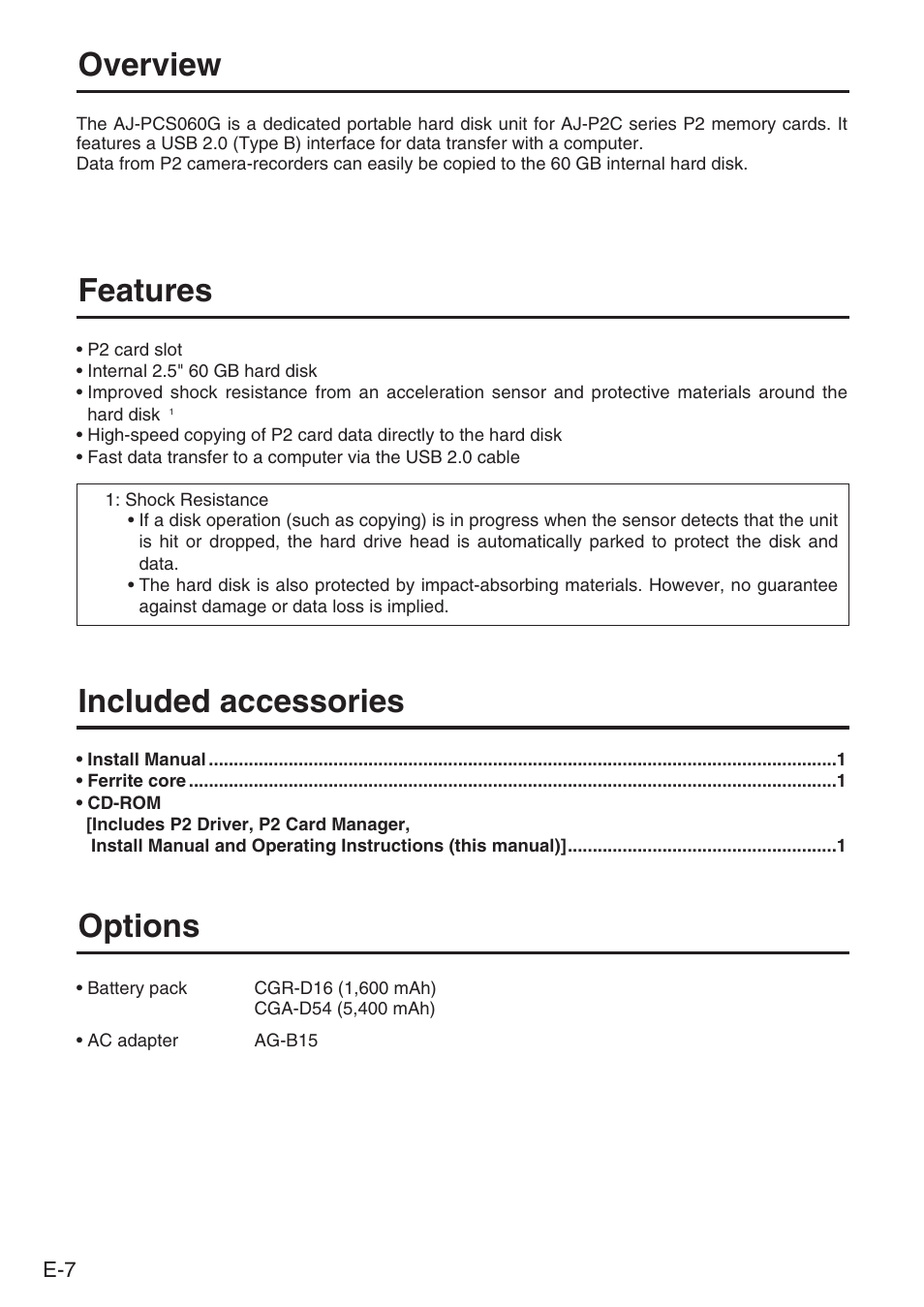 Overview, Features, Included accessories | Options | Panasonic DVCPRO AJ-PCS060G User Manual | Page 8 / 88