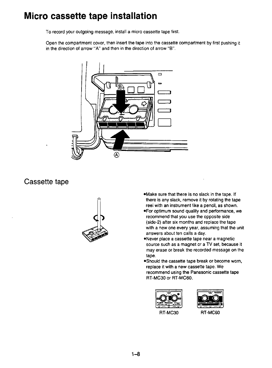 Cassette tape, Micro cassette tape installation | Panasonic KX-F195 User Manual | Page 15 / 104