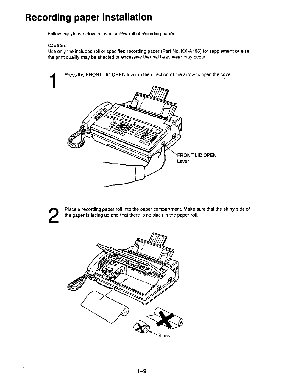 Caution, Precaution -7, Recording paper installation | Panasonic KX-F195 User Manual | Page 16 / 104