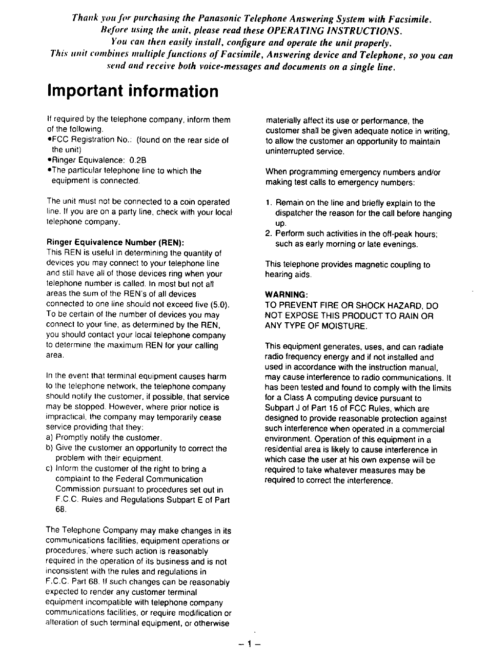 Ringer equivalence number (ren), Warning, Important information | Panasonic KX-F195 User Manual | Page 2 / 104