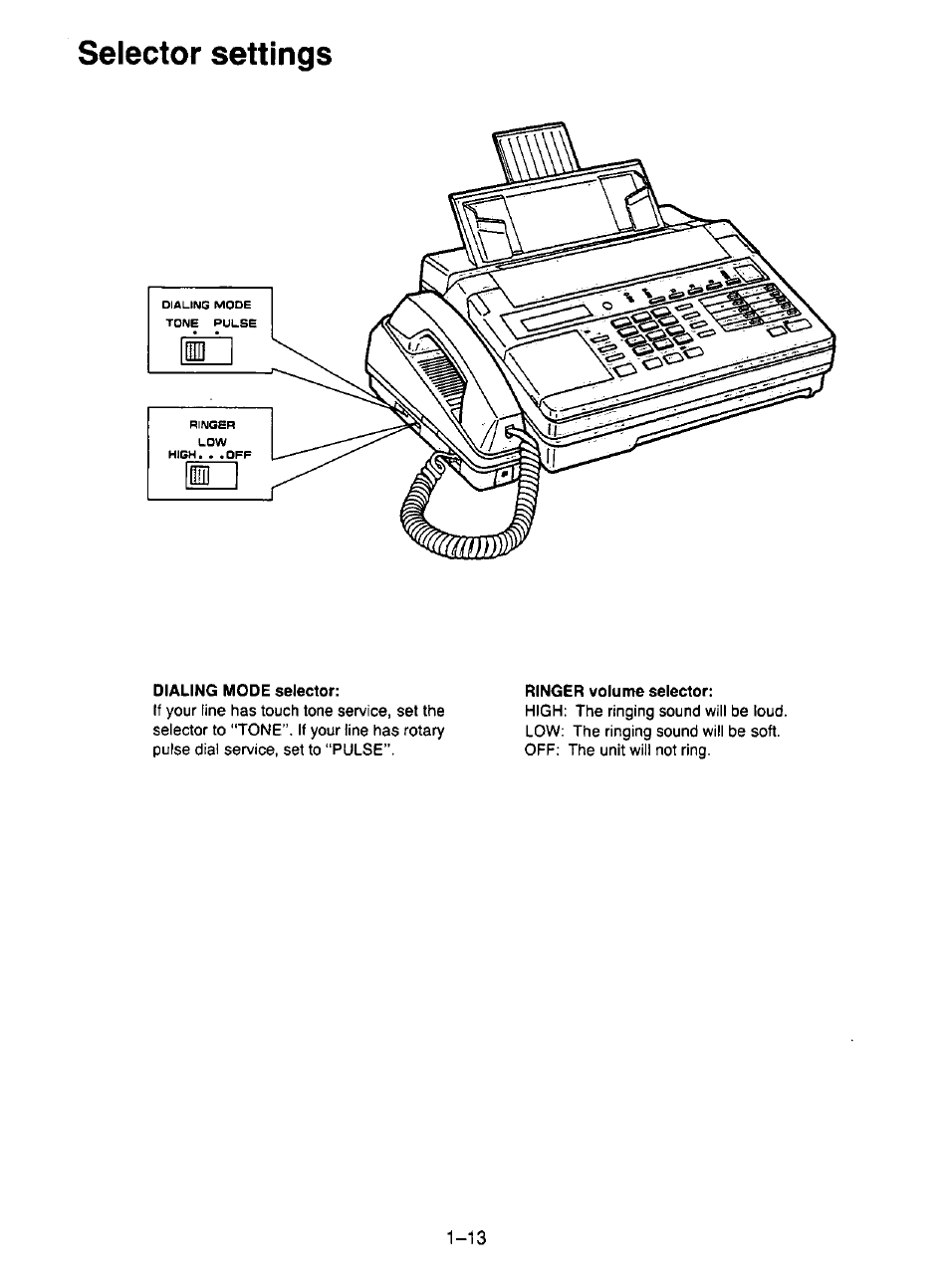 Ringer volume selector, Selector settings | Panasonic KX-F195 User Manual | Page 20 / 104