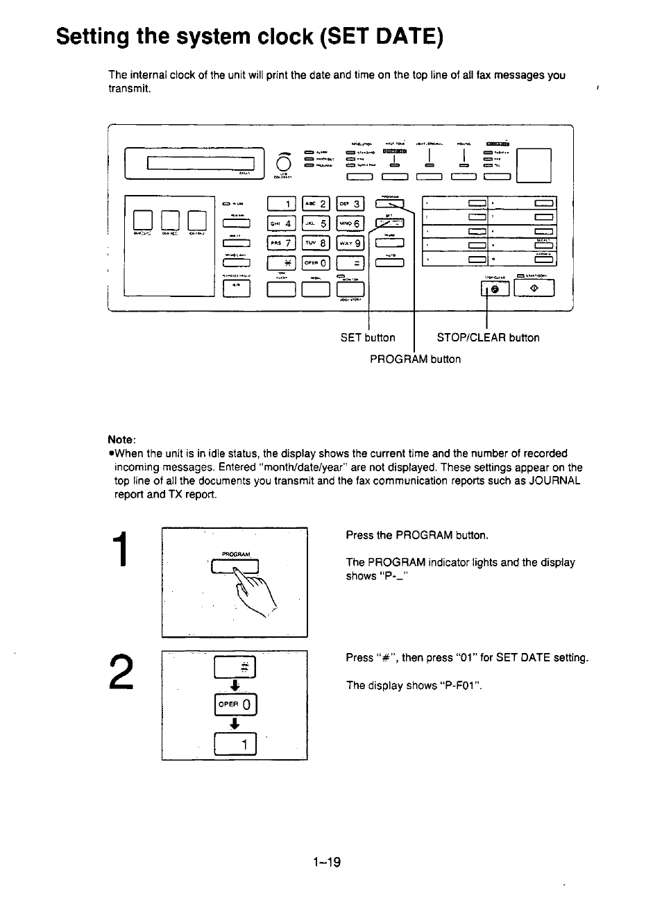 Note, Setting the system clock (set date) | Panasonic KX-F195 User Manual | Page 26 / 104