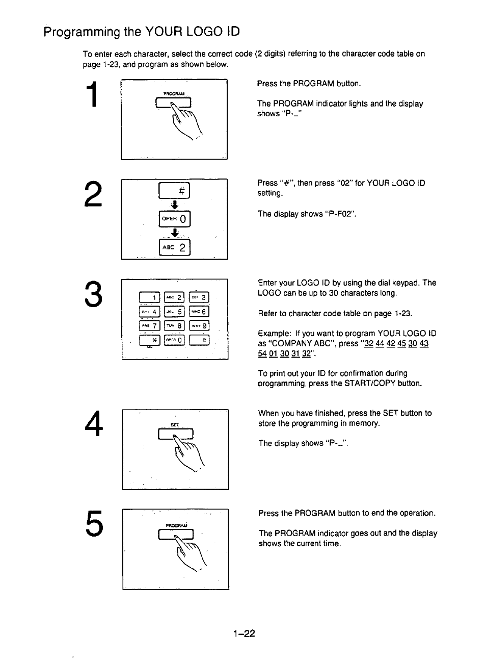 Programming the your logo id, Programming the your logo id -22 | Panasonic KX-F195 User Manual | Page 29 / 104