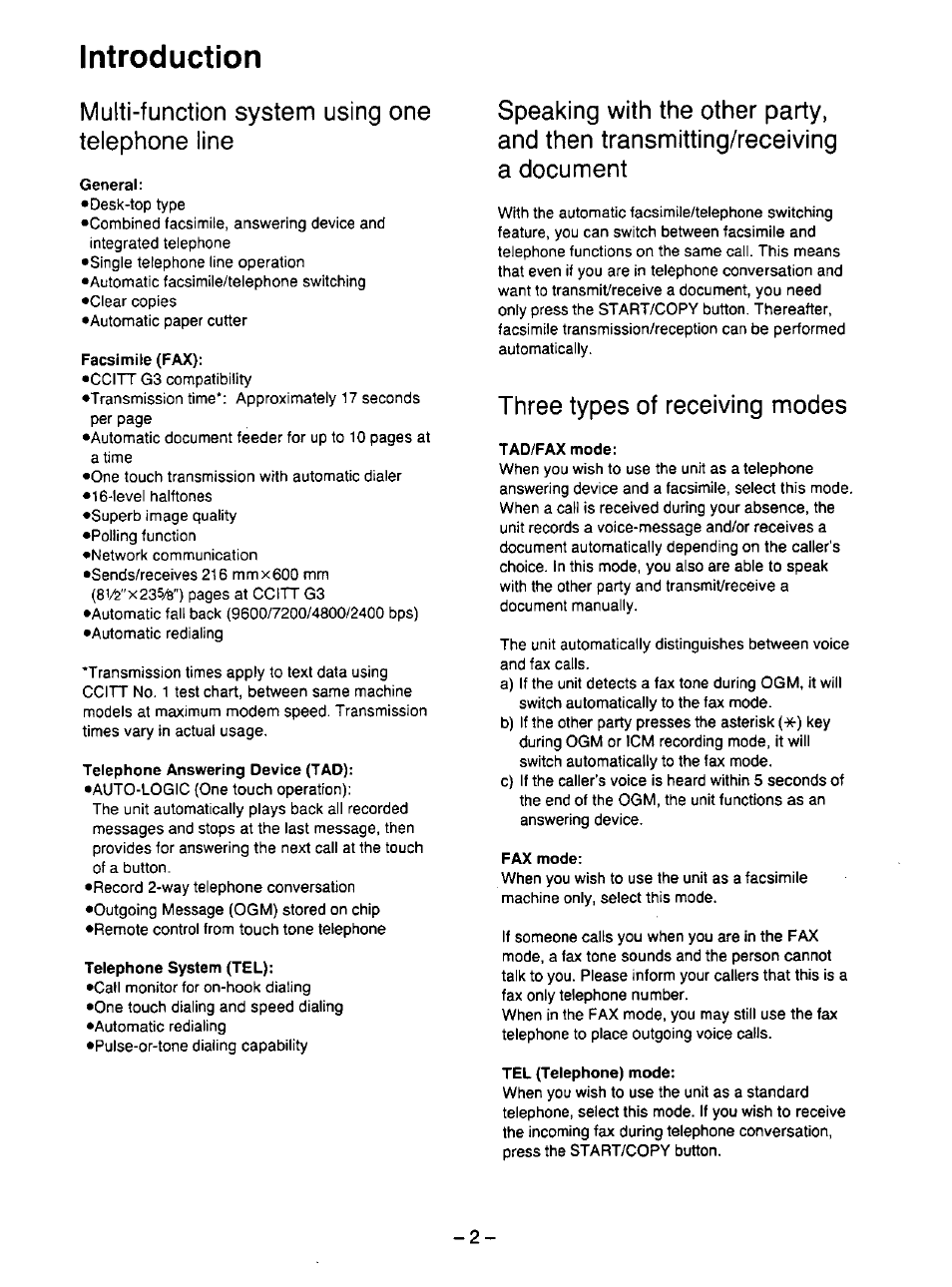 Multi-function system using one telephone line, General, Facsimile (fax) | Telephone system (tel), Three types of receiving modes, Tad/fax mode, Fax mode, Tel (telephone) mode, Introduction | Panasonic KX-F195 User Manual | Page 3 / 104