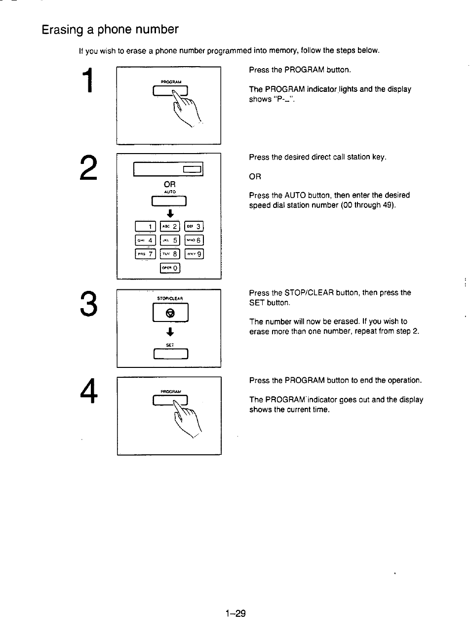 Erasing a phone number, Erasing a phone number -29 | Panasonic KX-F195 User Manual | Page 36 / 104