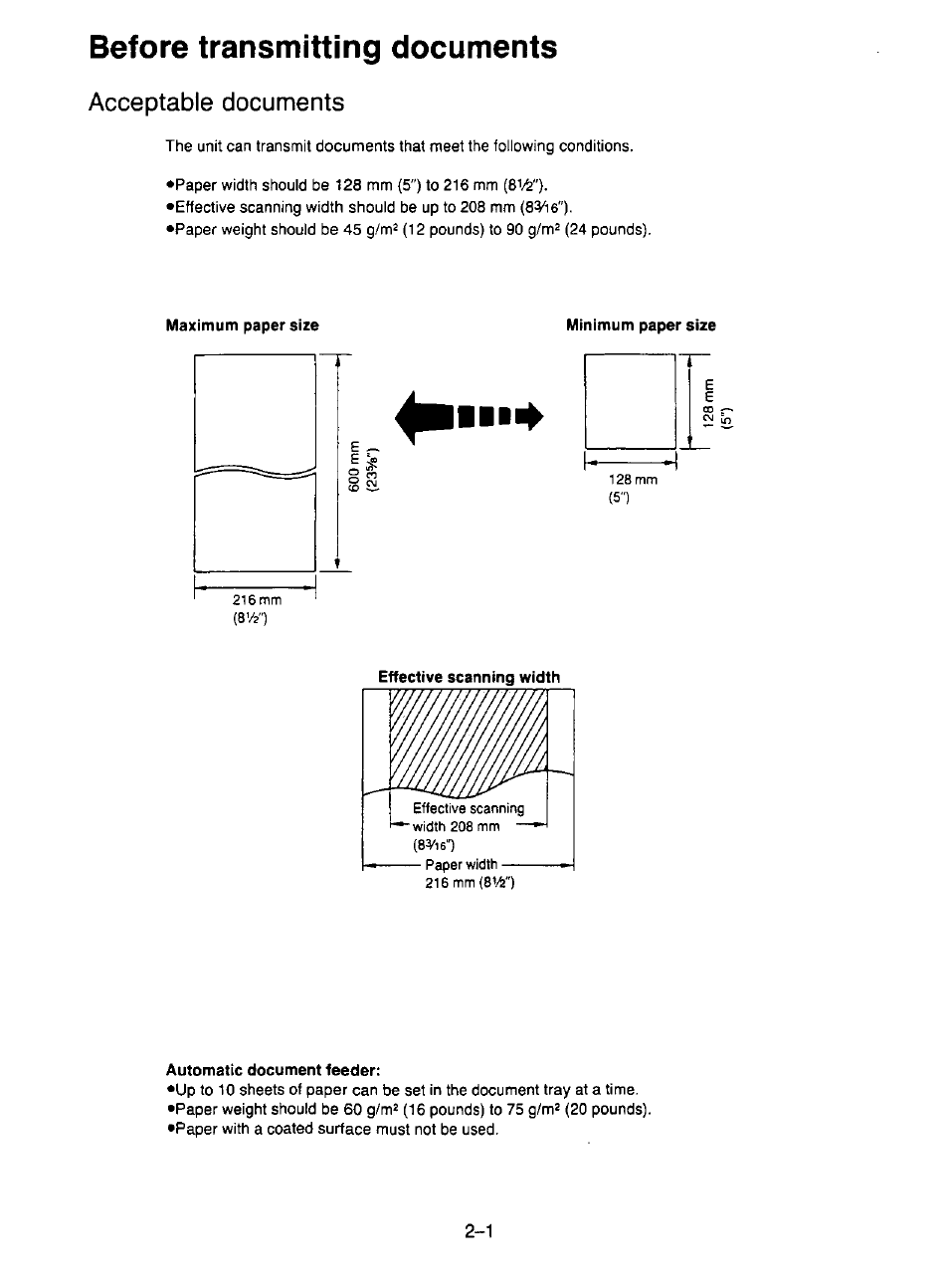 Acceptable documents, Maximum paper size, Minimum paper size | Automatic document feeder, Acceptable documents -1, Before transmitting documents | Panasonic KX-F195 User Manual | Page 38 / 104