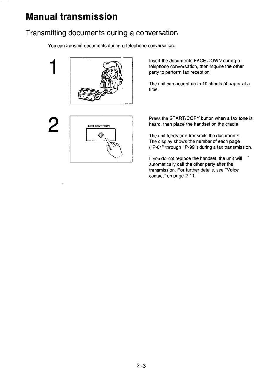 Transmitting documents during a conversation, Transmitting documents during a conversation -3, Manual transmission | Panasonic KX-F195 User Manual | Page 40 / 104