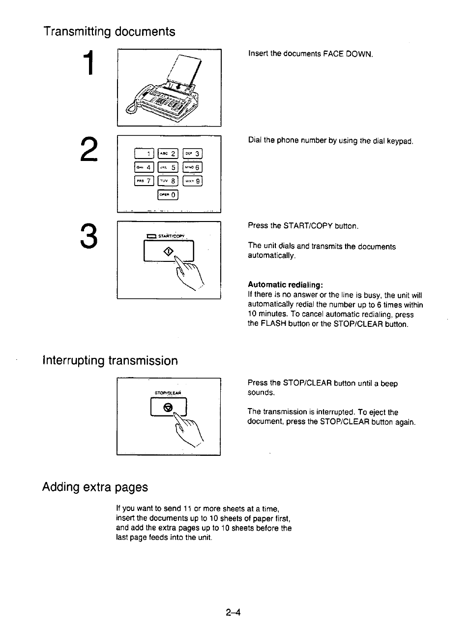 Automatic redialing, Interrupting transmission, Interrupting transmission -4 | Panasonic KX-F195 User Manual | Page 41 / 104