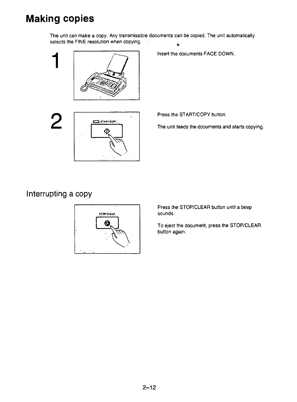 Interrupting a copy, Interrupting a copy -12, Making copies | Panasonic KX-F195 User Manual | Page 49 / 104