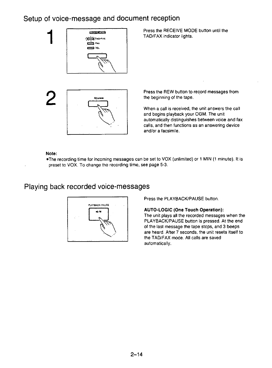 Setup of voice-message and document reception, Playing back recorded voice-messages, Auto-logic (one touch operation) | Panasonic KX-F195 User Manual | Page 51 / 104
