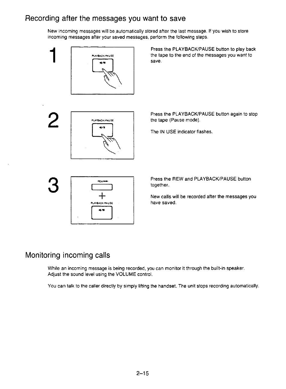 Recording after the messages you want to save, Monitoring incoming calls, Recording after the messages you want to save -15 | Monitoring incoming calls -15 | Panasonic KX-F195 User Manual | Page 52 / 104