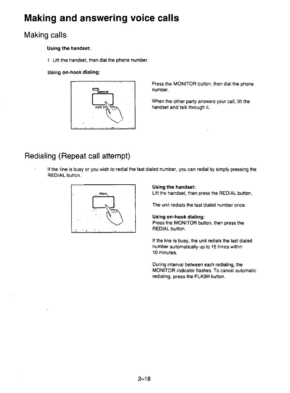 Making calls, Using the handset, Using on-hook dialing | Redialing (repeat call attempt), Redialing (repeat call attempt) -18, Making and answering voice calls | Panasonic KX-F195 User Manual | Page 55 / 104