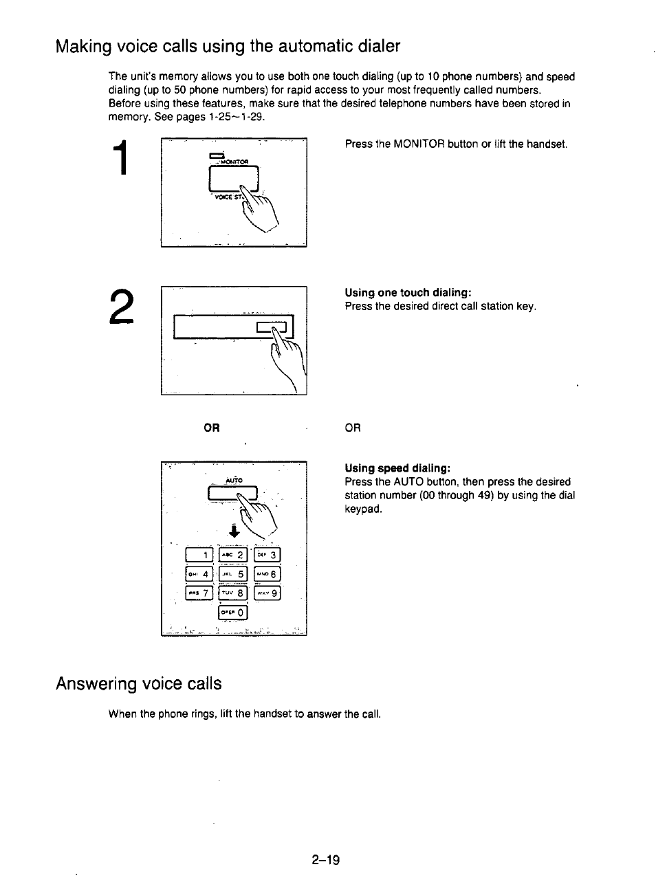 Making voice calls using the automatic dialer, Using one touch dialing, Using speed dialing | Answering voice calls, Making voice calls using the automatic dialer -19 | Panasonic KX-F195 User Manual | Page 56 / 104