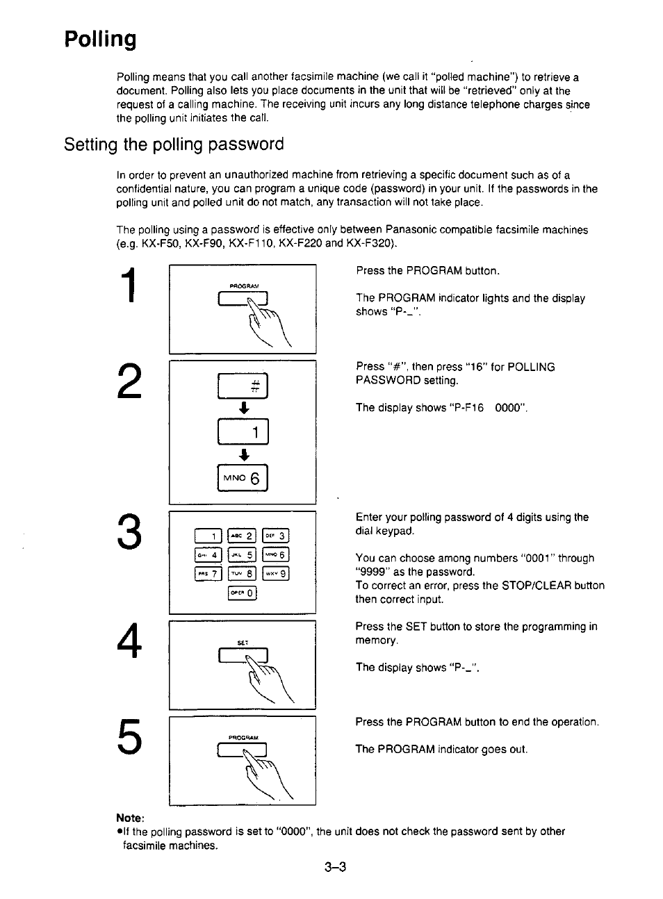 Setting the polling password, Note, Setting the polling password -3 | Polling | Panasonic KX-F195 User Manual | Page 60 / 104