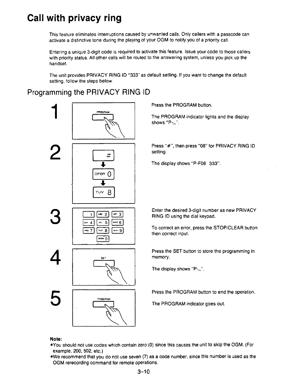 Programming the privacy ring id, Chi 7ipr?| f mmo 0, Note | Programming the privacy ring id -10, Call with privacy ring, R 1 i 2j el | Panasonic KX-F195 User Manual | Page 67 / 104