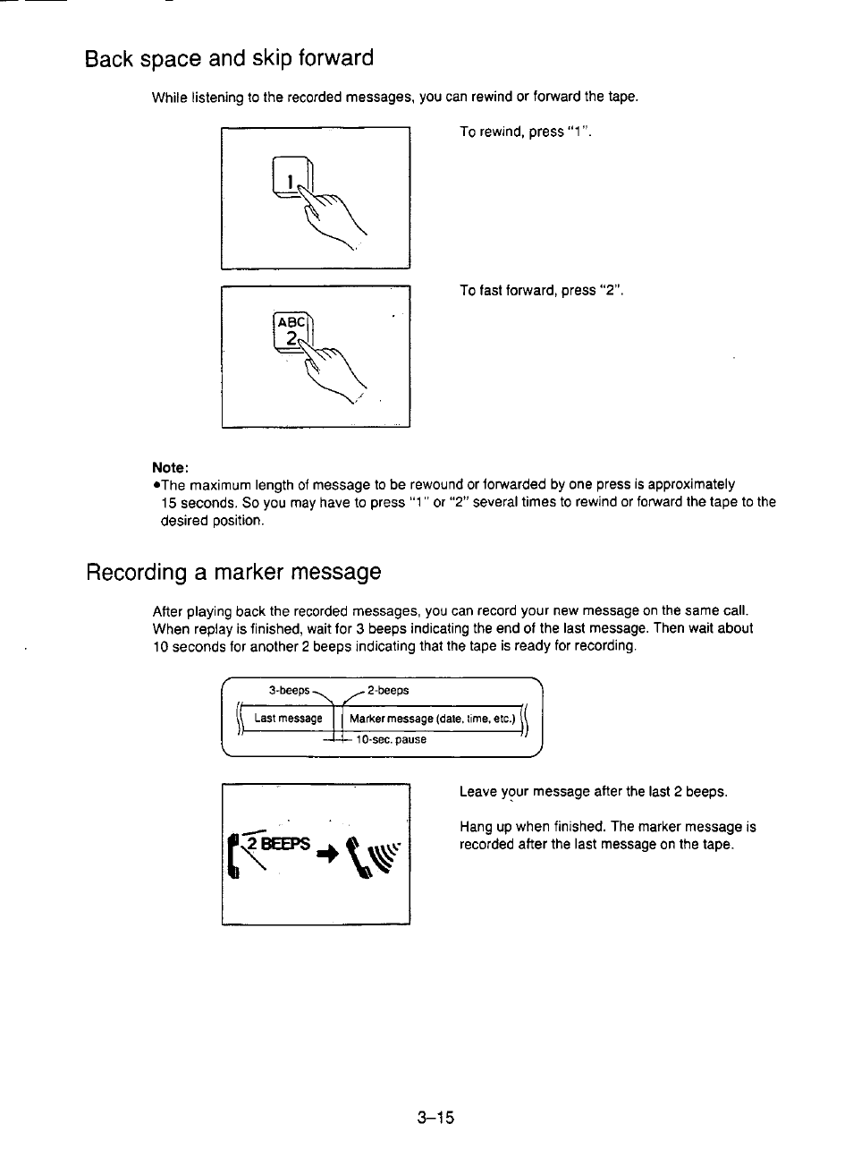 Back space and skip forward, Note, Recording a marker message | Back space and skip forward -15, Recording a marker message -15 | Panasonic KX-F195 User Manual | Page 72 / 104